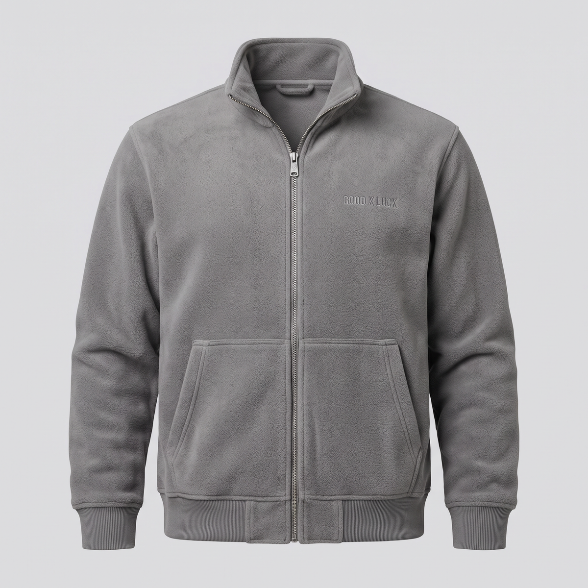 Veste zippée grise, vue de face